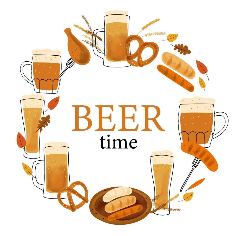 fondo de marco con ilustraciones estilizadas tazas de cerveza, bocadillos de pretzel y salchichas a la parrilla sobre fondo blanco y tiempo de cerveza de texto vector