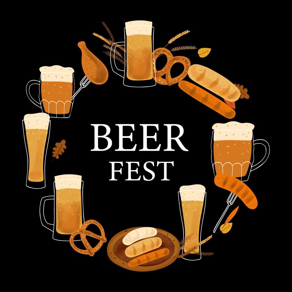 Frame background with stylized illustration mugs of beer, pretzel snack and grilled sausage on black background vector