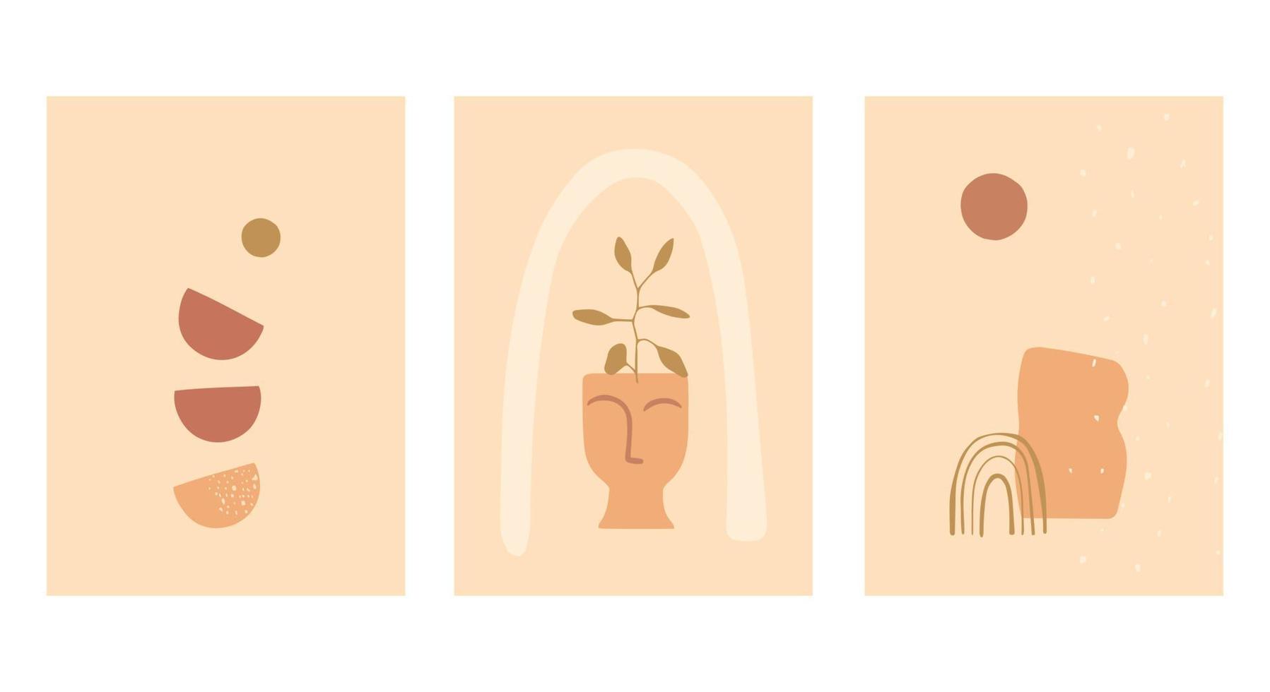 A set of posters in pastel colors with vases and twigs of contemporary shape. Abstract vector illustration in the style of minimalism.