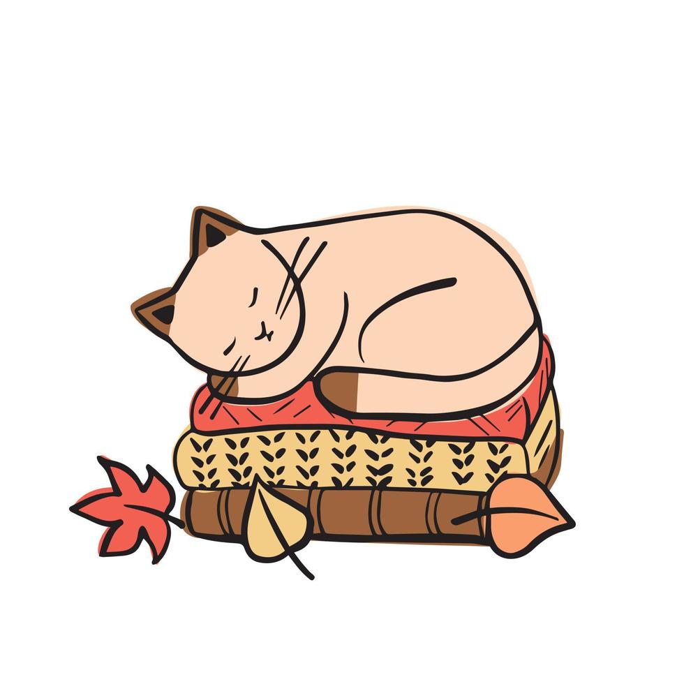 The cat sleeps on clothes. Autumn cozy vector illustration. Icon for the design.