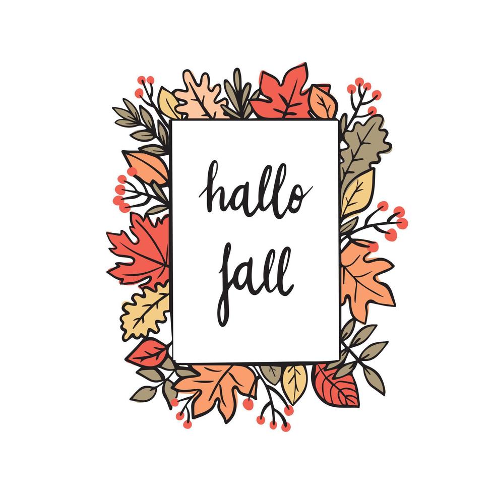 Text hallo fall and leaves. Hand drawn vector illustration for autumn design.