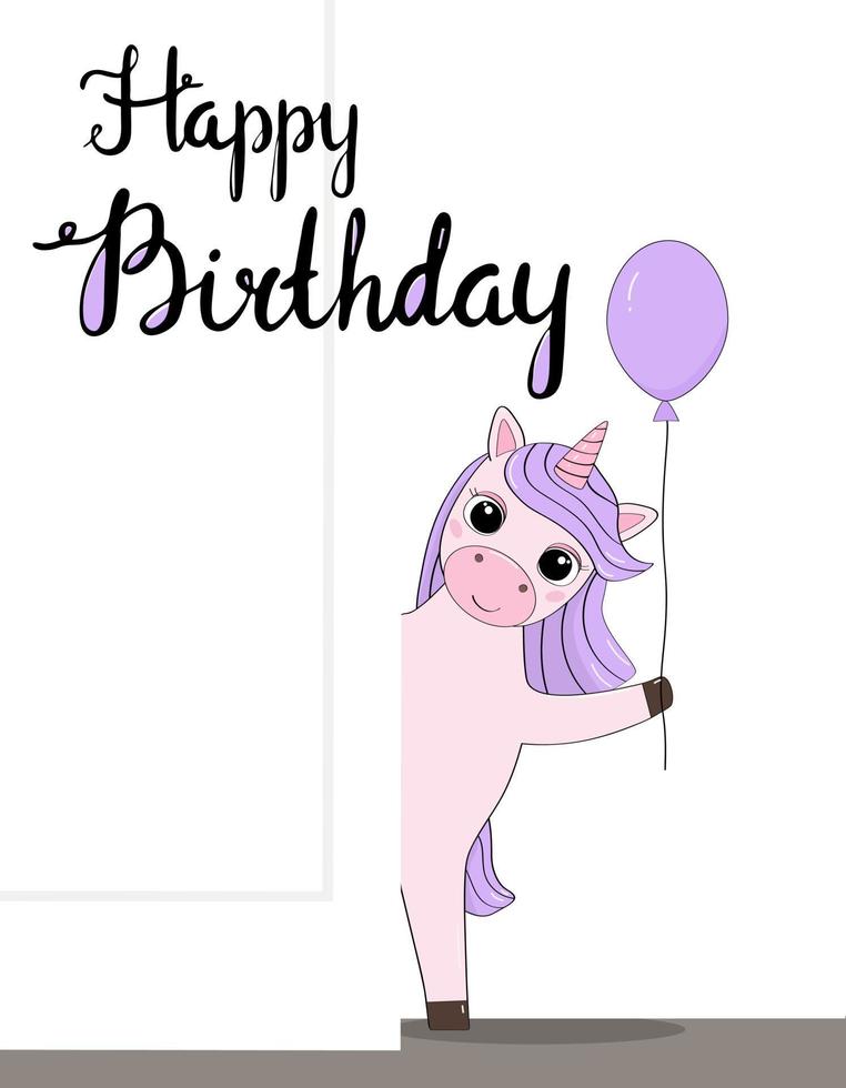 Cute greeting card with unicorn and happy birthday text. A pink and purple horse with a balloon is peeking out the door. Template for a greeting card. vector