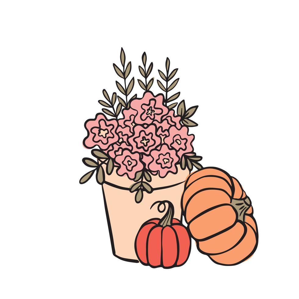 Autumn composition with pumpkin. Still life with plants in vase with home decor. Hand drawn vector illustration.