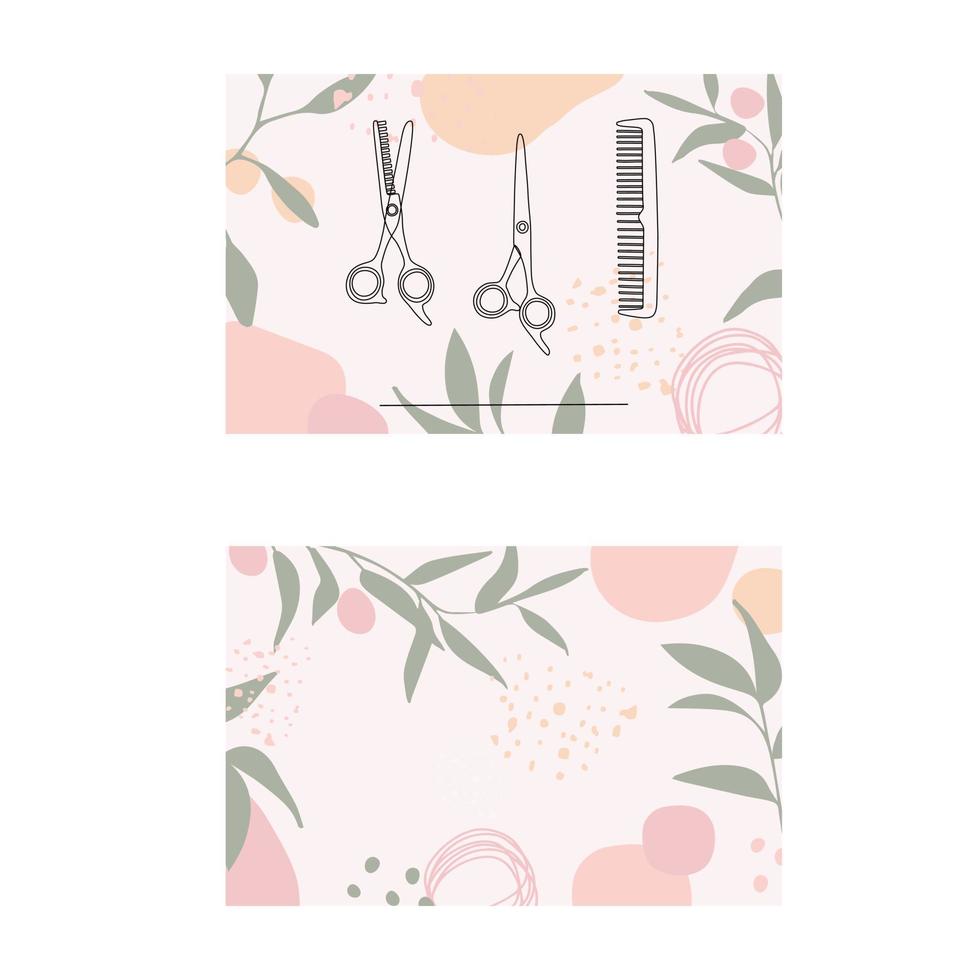 Template for a business card or certificate of a hairdresser and hair salon. Background with abstract shapes and doodle scissors in pastel colors. Vector for design.