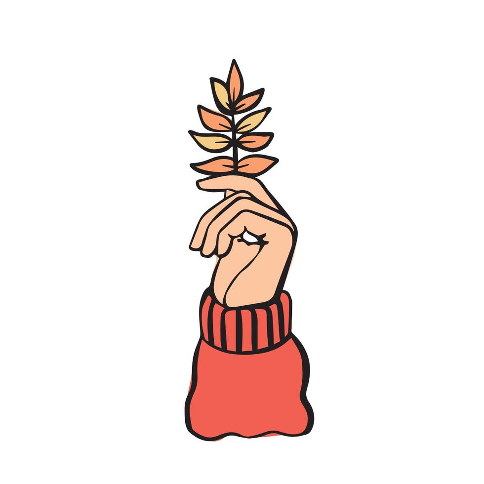 The hand holds autumn leaf. The symbol, icon of enjoyment in fall. vector