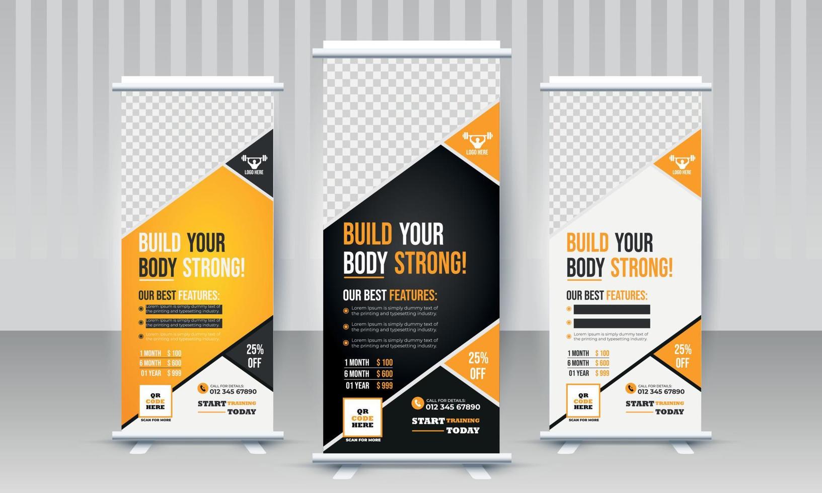 Build your body strong Fitness gym business standee x rollup banner design with three variant vector template