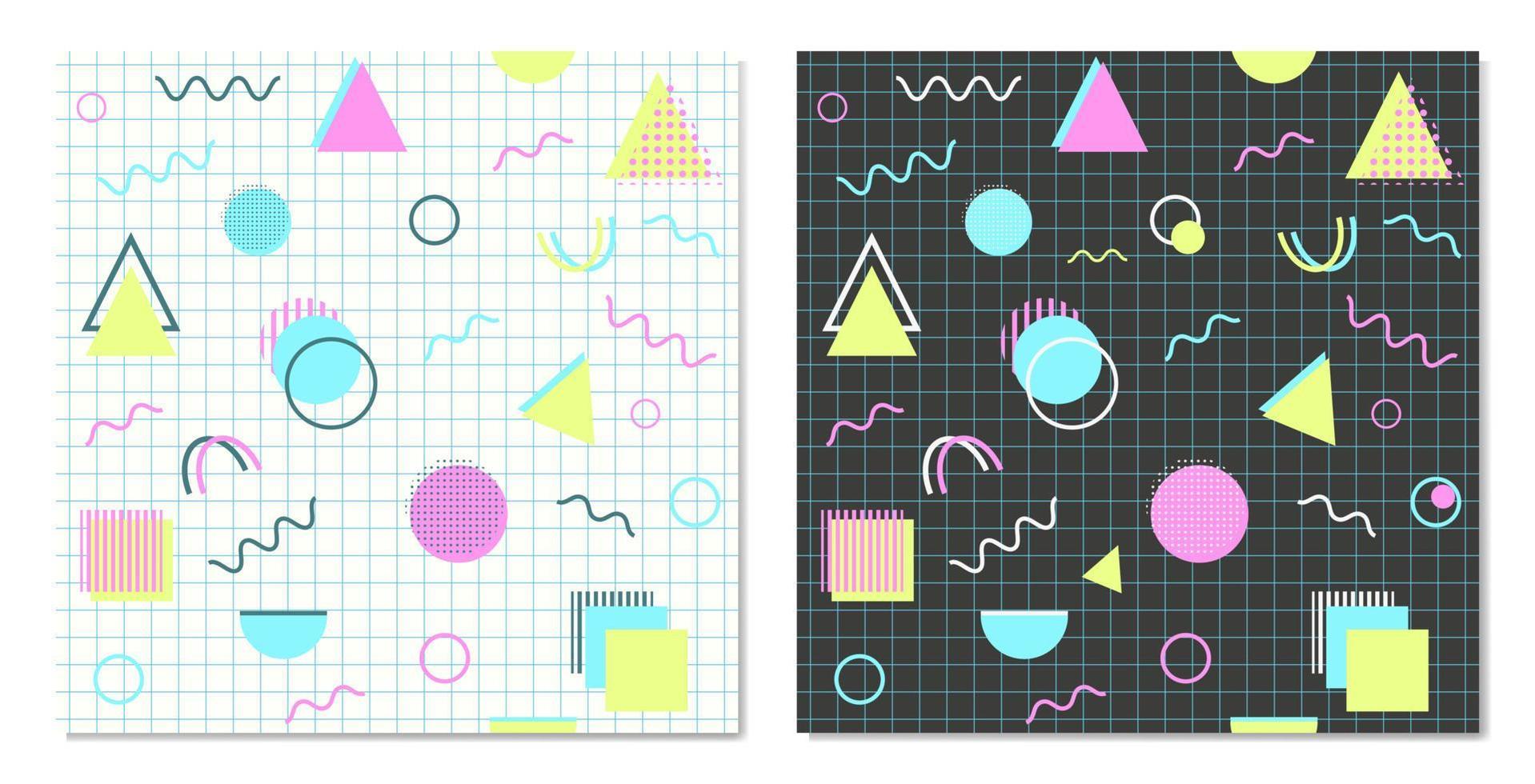 Set of memphis geometric abstract backgrounds. Modern, hipster patterns with geometric figures, halftone dots, graphic lines. Pink, blue, green, white shapes on black and white. Style 80s, 90s. Vector