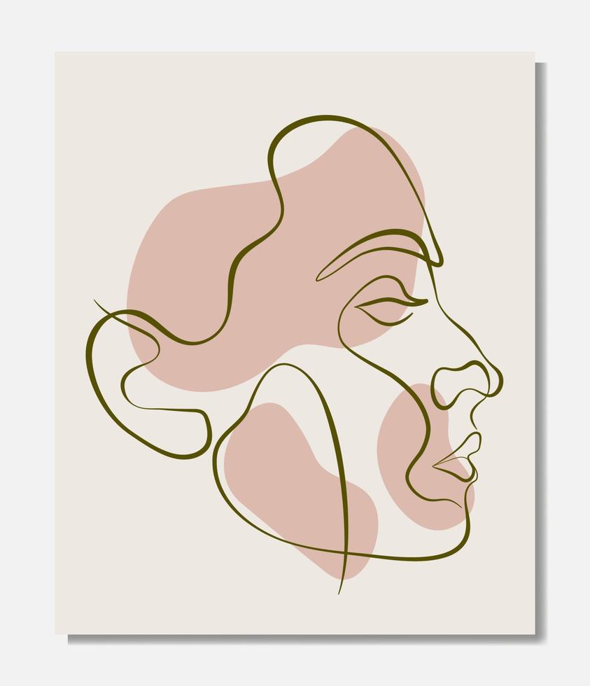 Vector poster with illustration of woman s line art face. Modern one line drawing with blobs, pastel colors. Sisterhood and Feminism. Illustration for web and print.