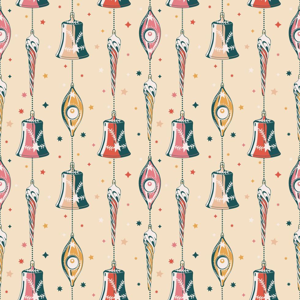 Christmas decorations vintage tree toys in retro style. Seamless vector pattern for wrapping paper, fabric, background, greeting card, invitations