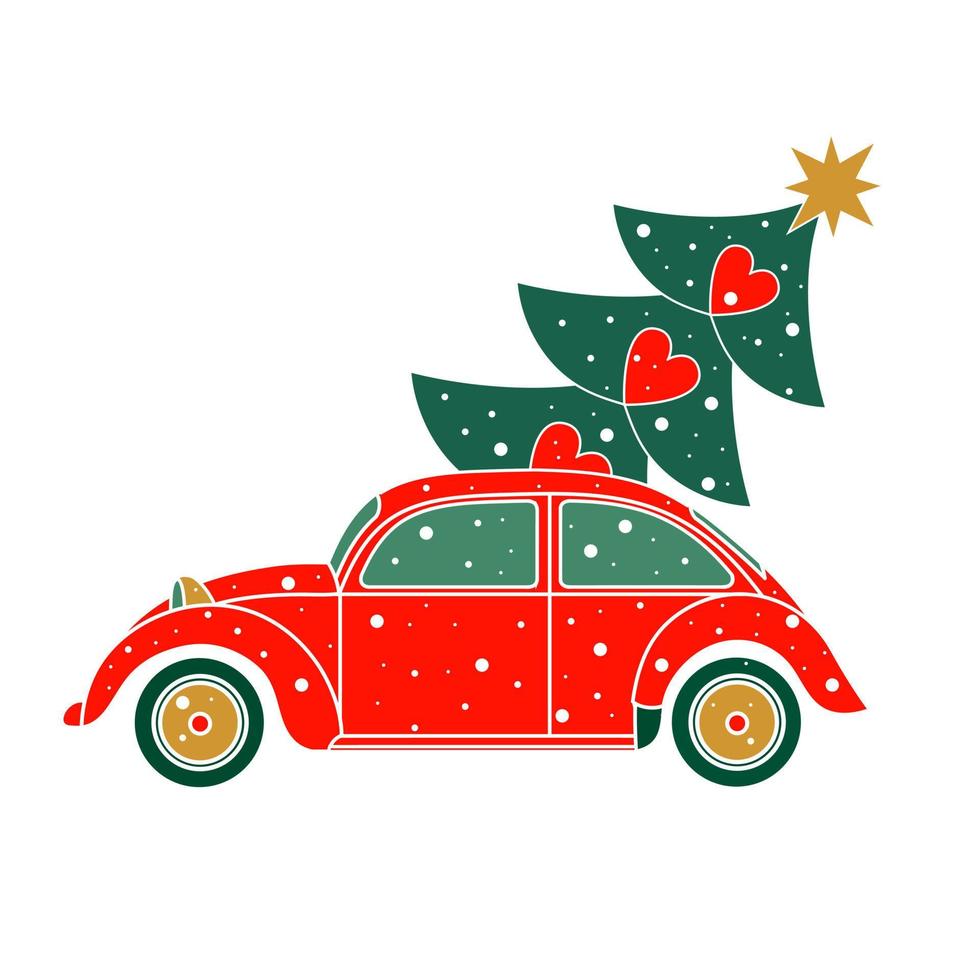 Red car with a Christmas tree. Vector illustration of a retro car with a Christmas tree