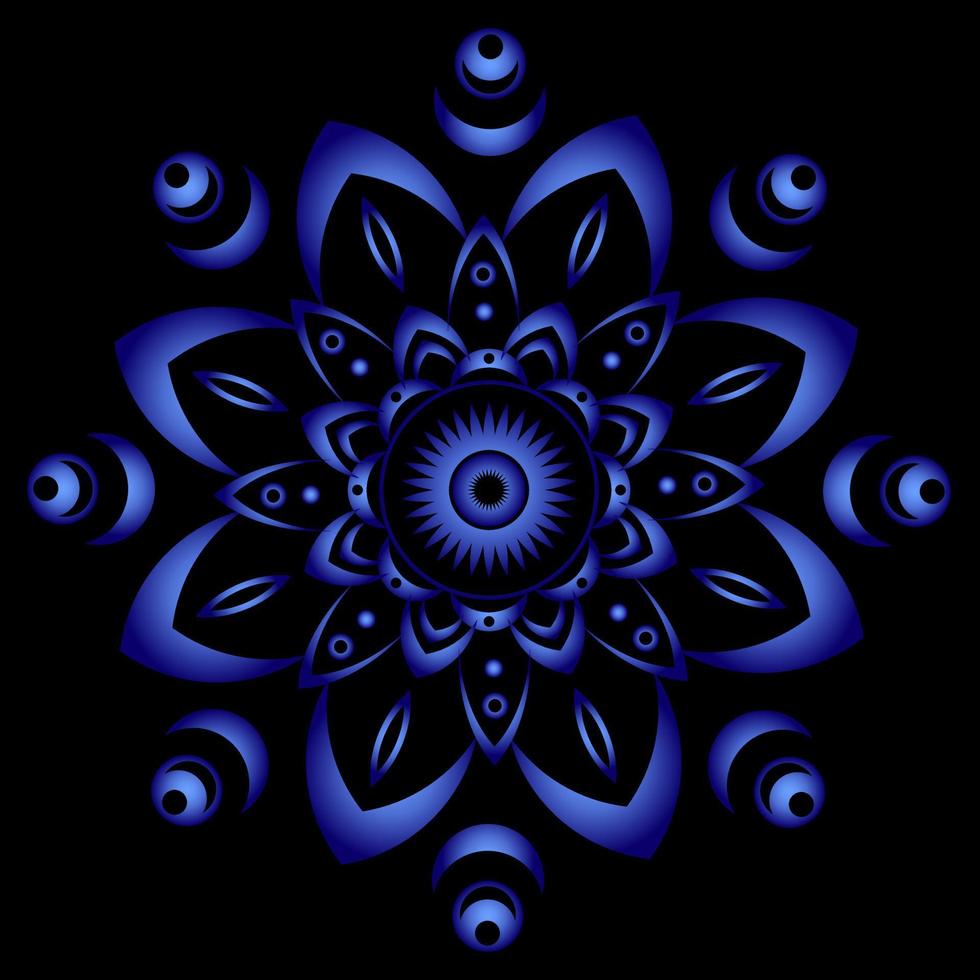 Blue mandala on black background. Round pattern, floral ornament. Beautiful symmetrical element. Antistress, relaxation vector