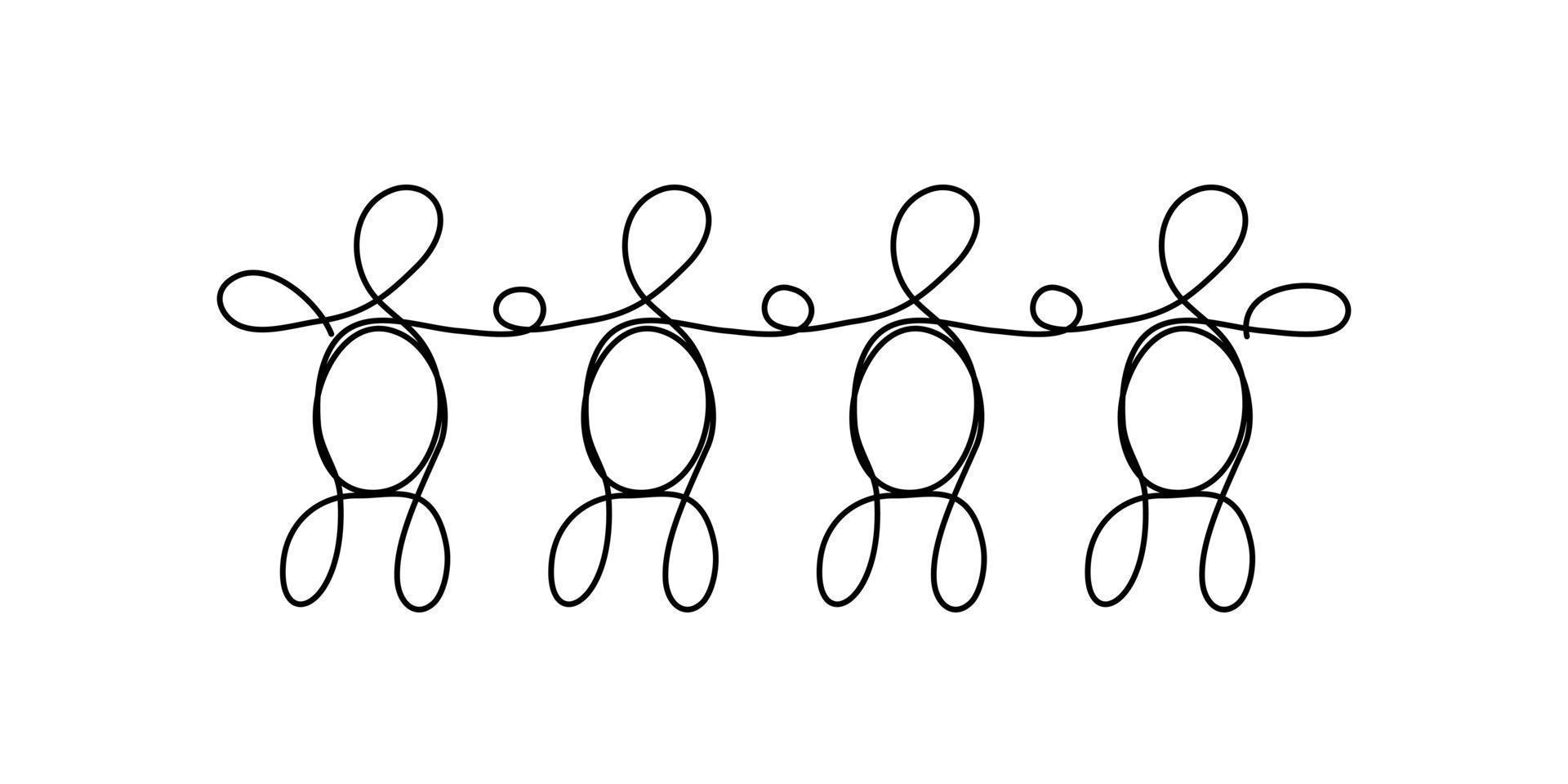 Chain of people in line art style. Black outline on white. Teamwork, friendship concept vector