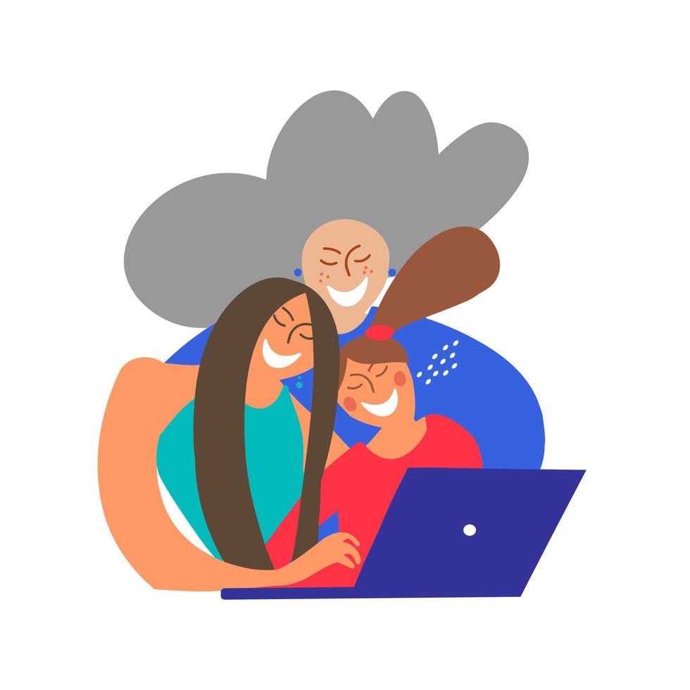 tres generaciones de mujeres en la computadora portátil. familia feliz. abuela, hija y nieta en la computadora vector