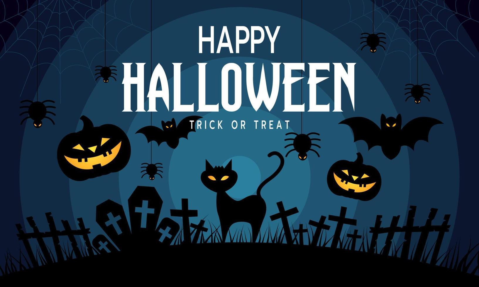 Scary halloween isolated background with flying bats, spiders, cat, cemetery and pumpkin. vector illustration.