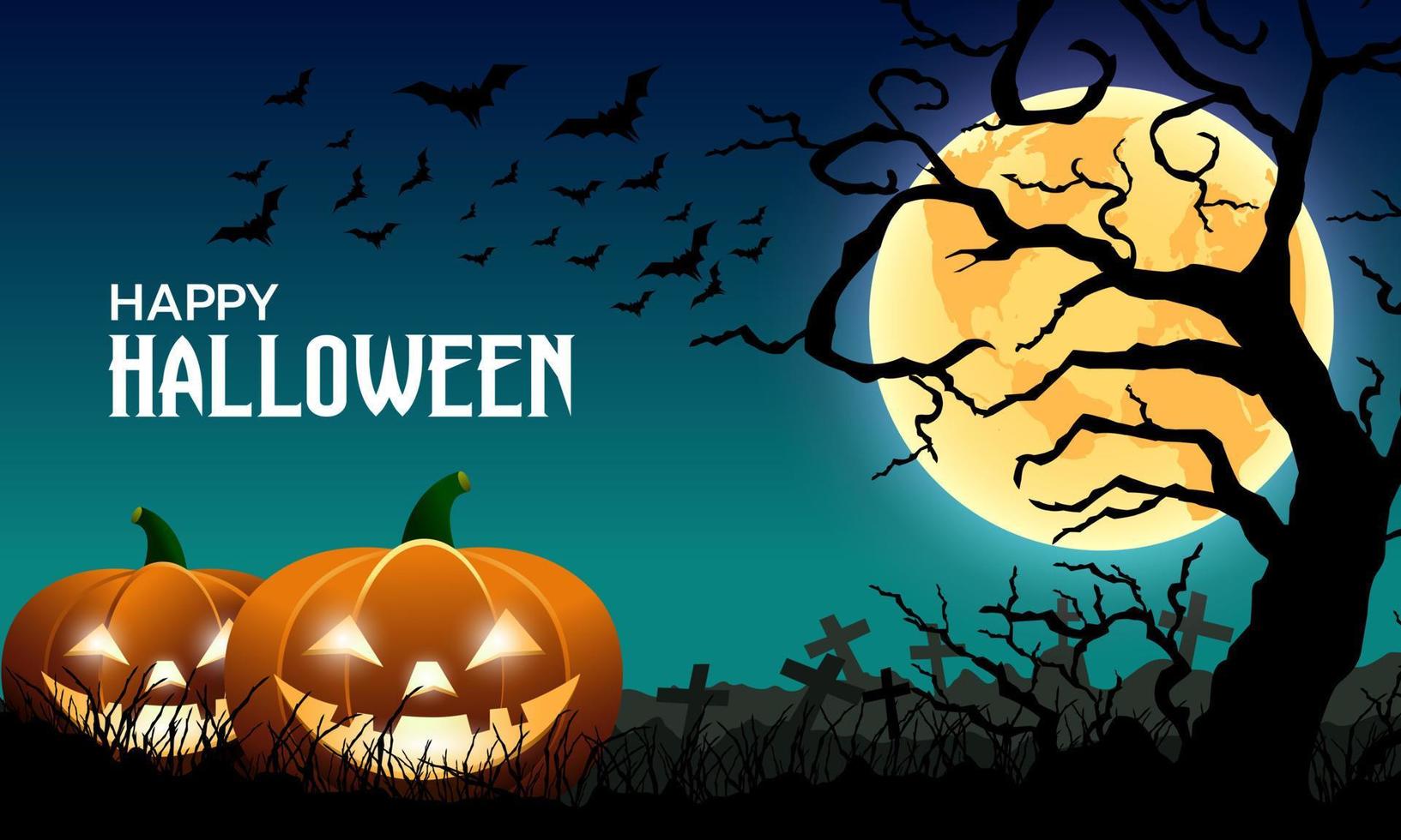 feliz halloween noche oscura fondo luna llena con calabaza, cementerio, árboles y murciélagos voladores. ilustración vectorial. vector