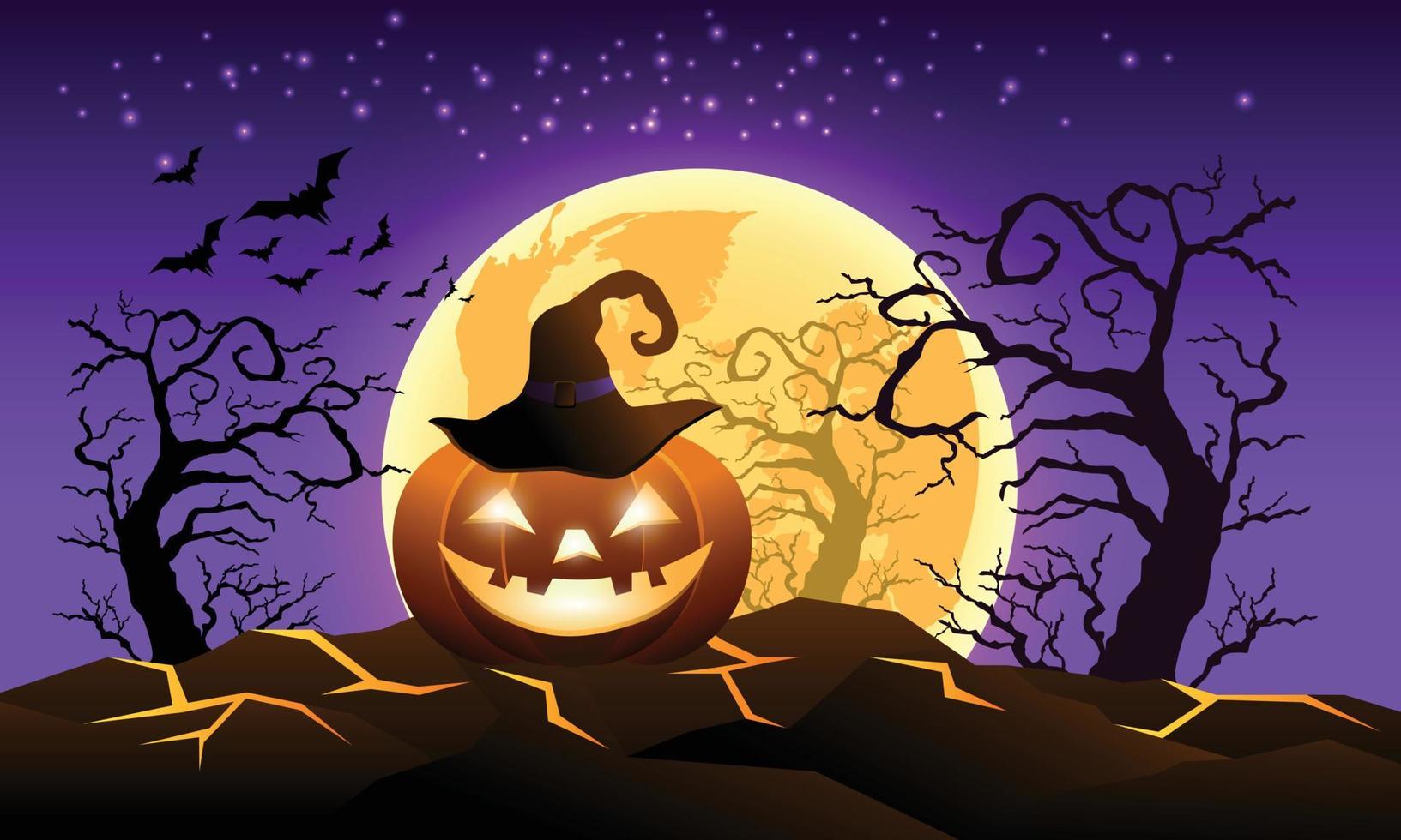 Happy halloween background dark night full moon with pumpkin,  tree and bats. vector illustration.