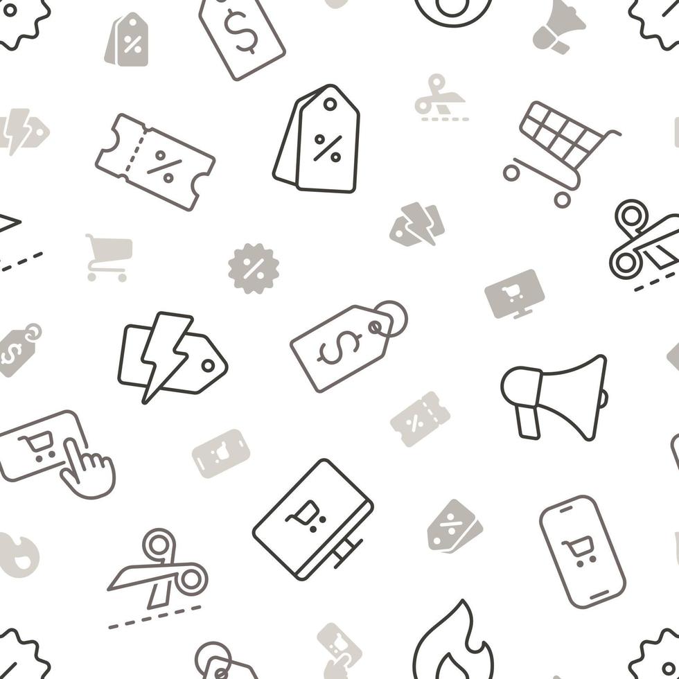 Seamless pattern of black outline black friday and cyber monday icons on transparent background vector