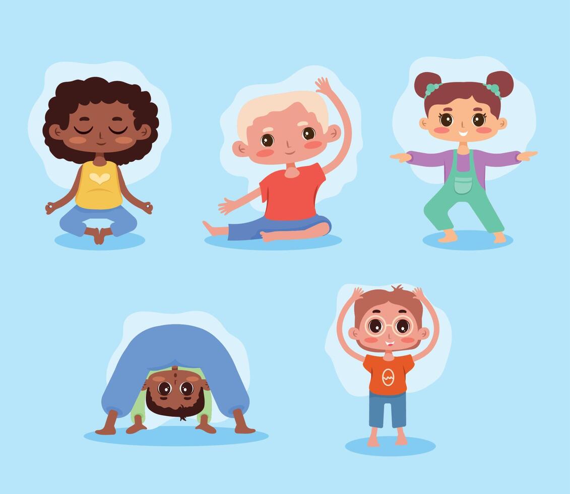 cinco personajes de niños de yoga vector