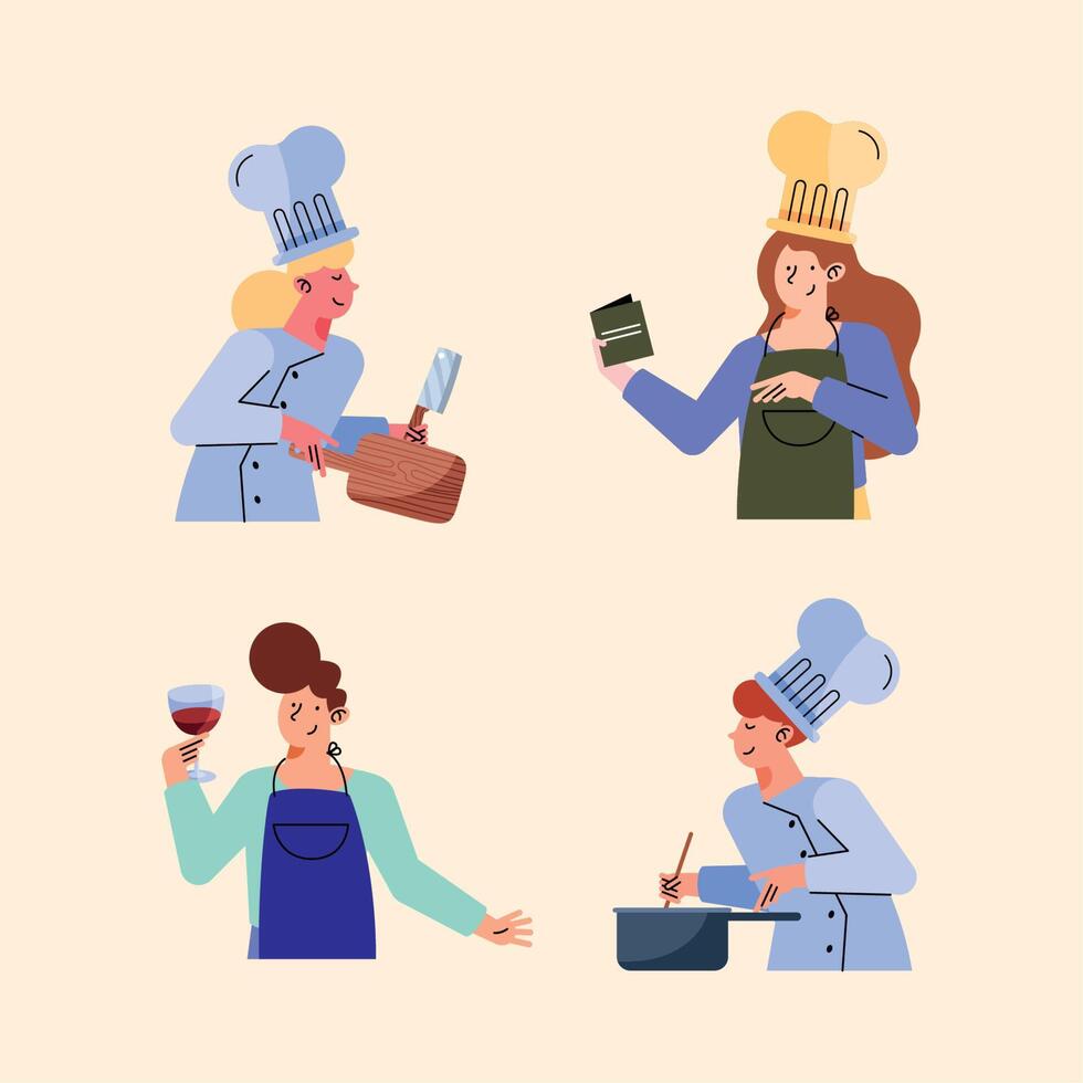 four persons cooking vector