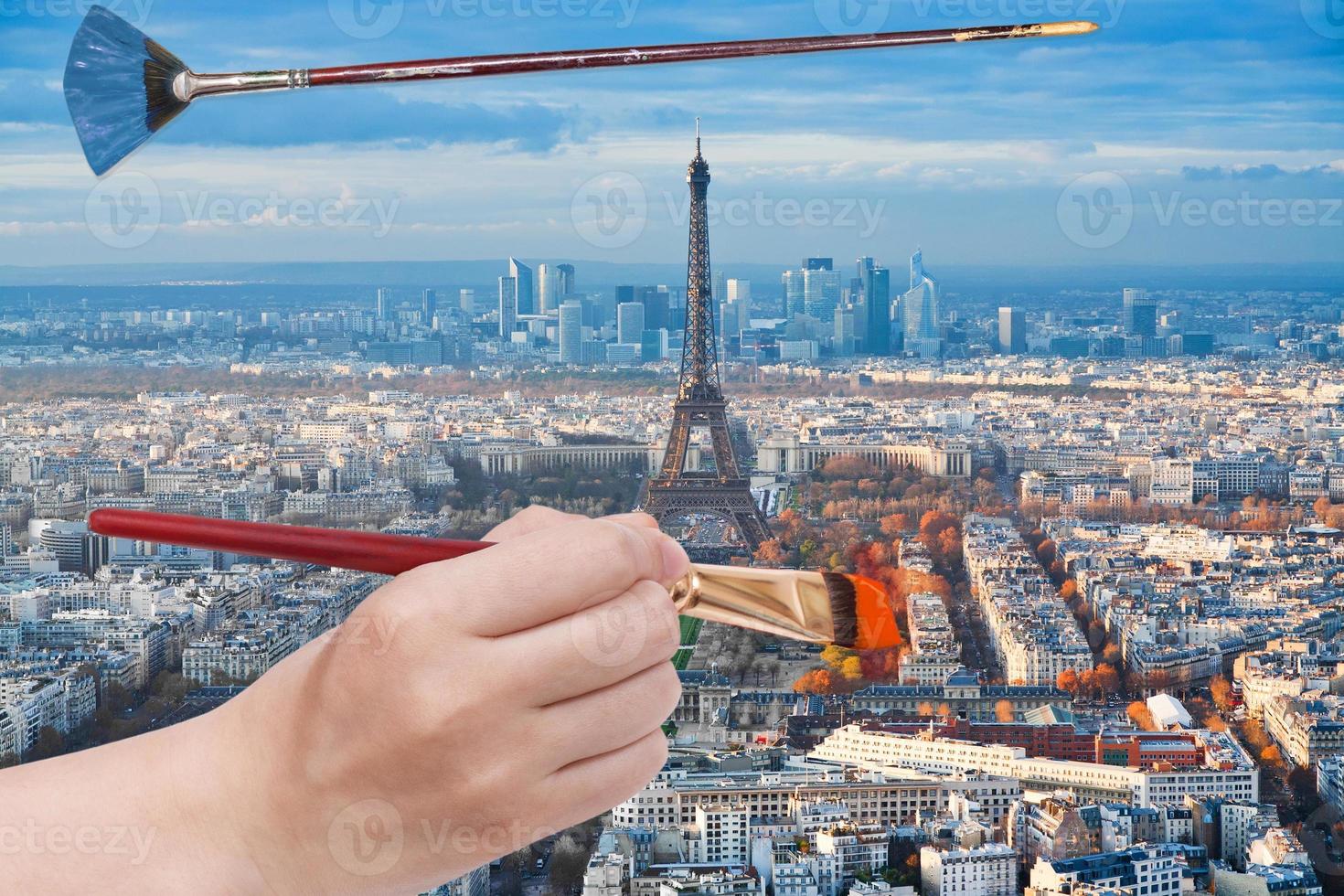 paintbrush paints trees near Eiffel tower, Paris photo