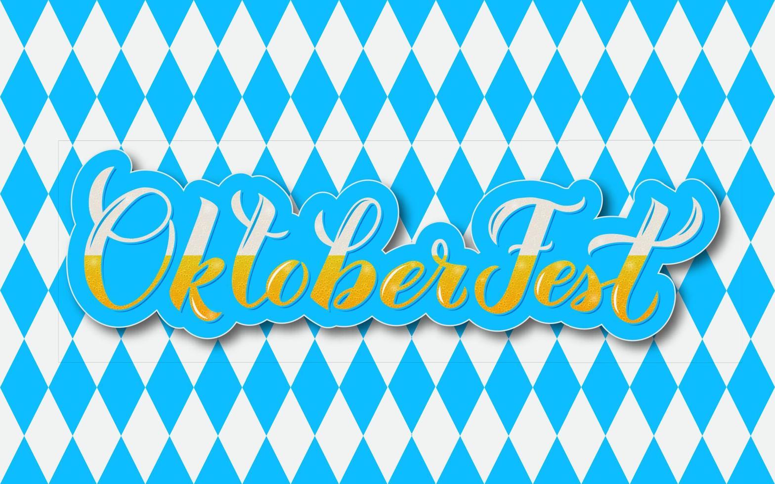 Oktoberfest calligraphy lettering with bubblies on blue white checkered background. Bavarian beer festival. Vector template  for your logo design,  poster, banner, flyer, t-shirt, invitation.