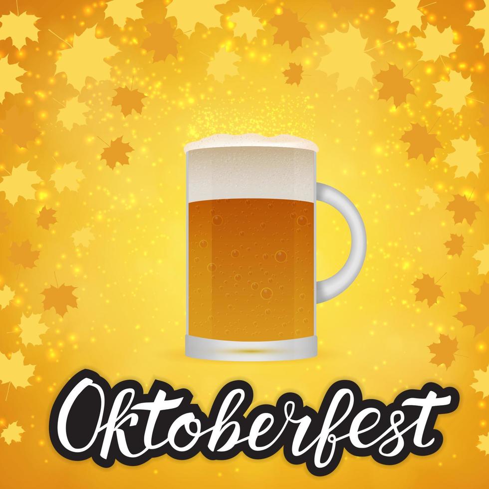Mug of beer on bright yellow orange background with fall leaves and hand drawn lettering Oktoberfest. Lager beer foam and bubbles. Pub or bar vector illustration.