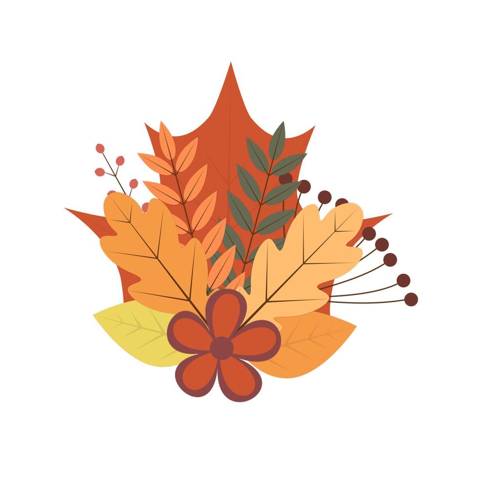 Bouquet of colorful autumn leaves. berries and flowers. Fall theme vector illustration. Thanksgiving day greeting card or invitation.