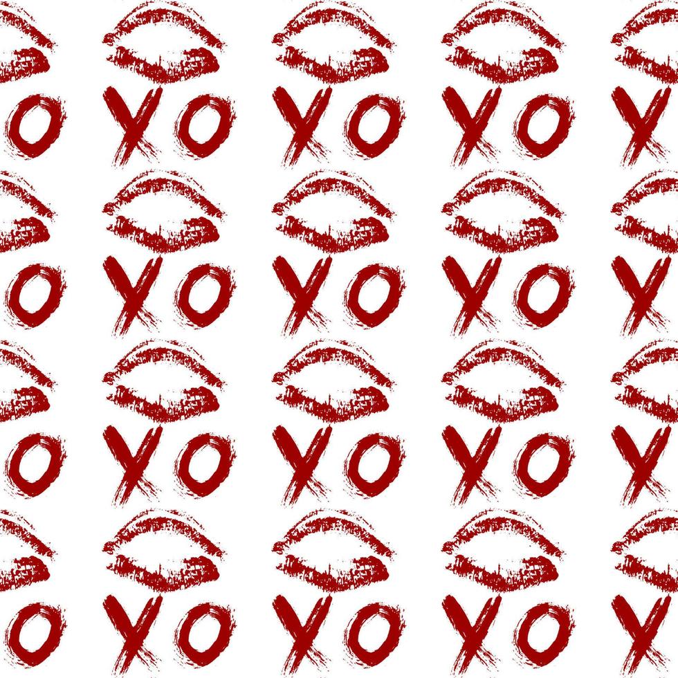 Lips print and XOXO written with red lipstick. XO and lipstick kiss seamless pattern. Hugs and kisses Vector illustration. Valentines day background.  Fashion, beauty and glamour concept.