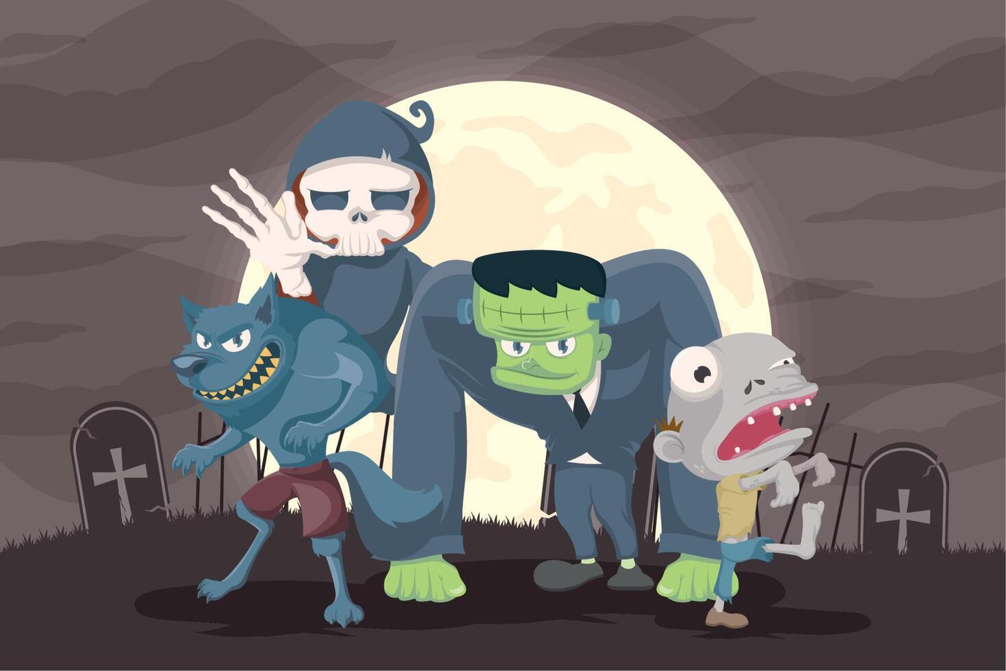 halloween characters in cemetery vector