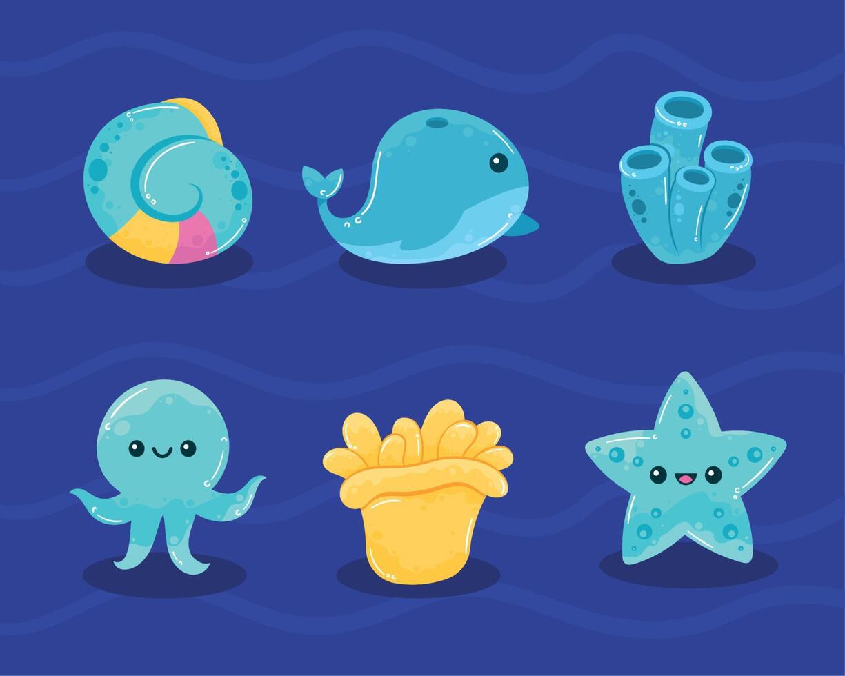 six cute sealife animals vector