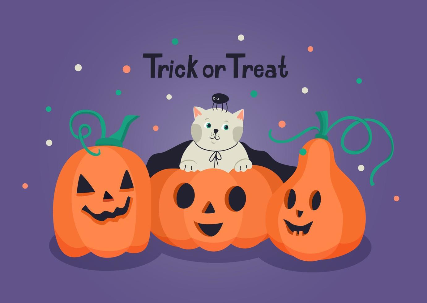 truco o trato tarjeta de felicitación de halloween con lindo gatito y calabazas jack-o-lantern. letras dibujadas a mano e ilustración vectorial. vector