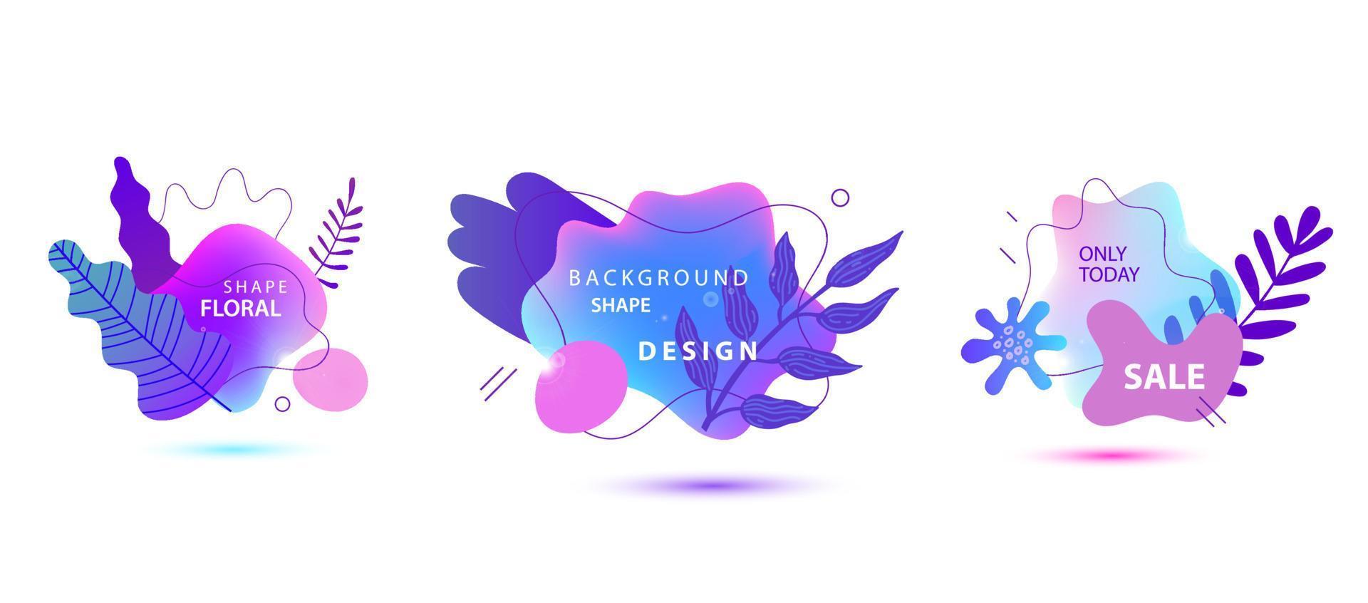 Vector set of summer, spring sale banner template. Liquid abstract bubbles with flowers, branches, leaves. Modern background and backdrop, Promo badge for seasonal offer, promotion, advertising.
