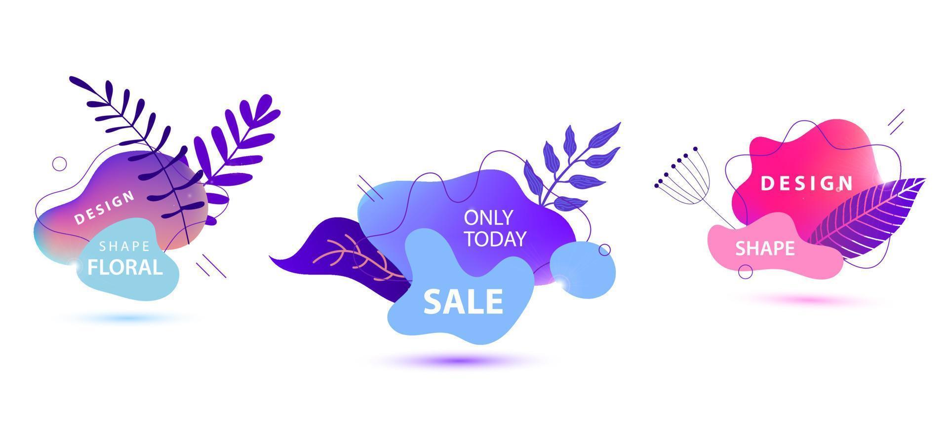 Vector set of summer, spring sale banner template. Liquid abstract bubbles with flowers, branches, leaves. Modern background and backdrop, Promo badge for seasonal offer, promotion, advertising.
