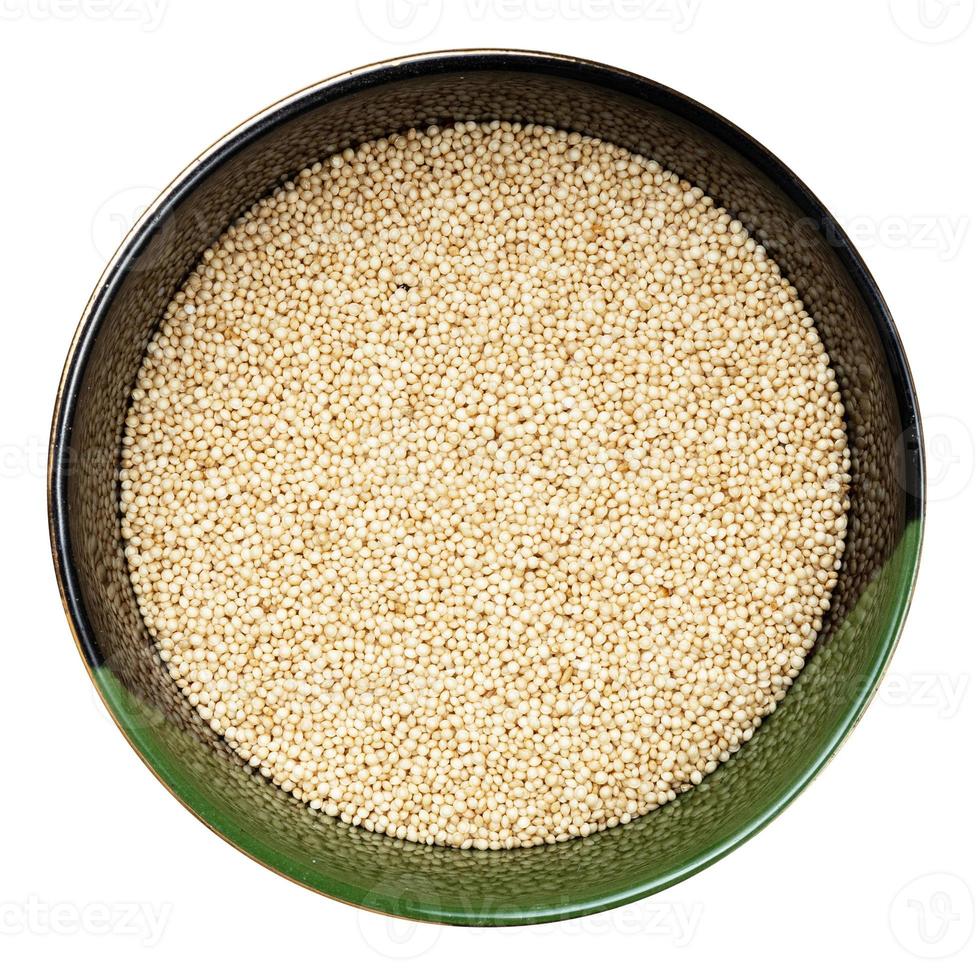 top view of amaranth grains in round bowl isolated photo
