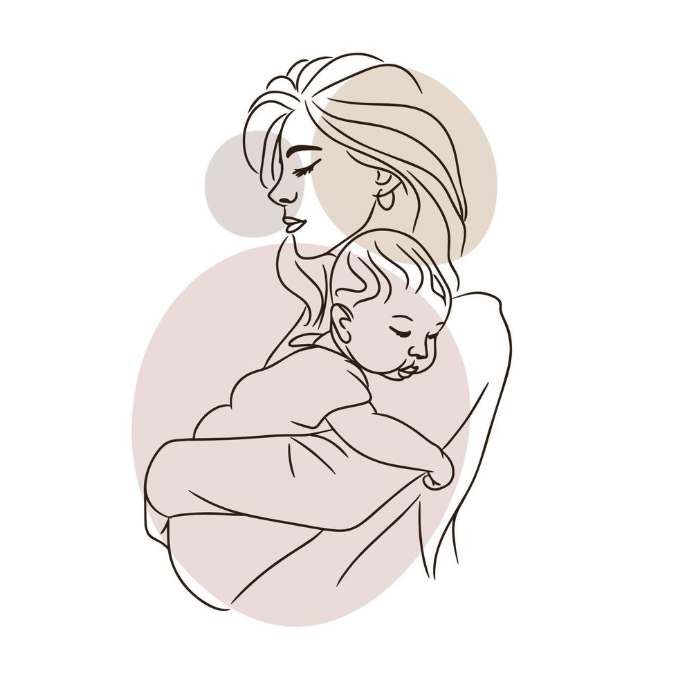 Young mother holding a baby in her arms, nude colors, mother hugging a newborn vector