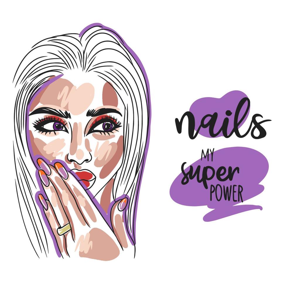 Nails my superpower, handwritten quote, portrait of a beautiful girl, long nails vector