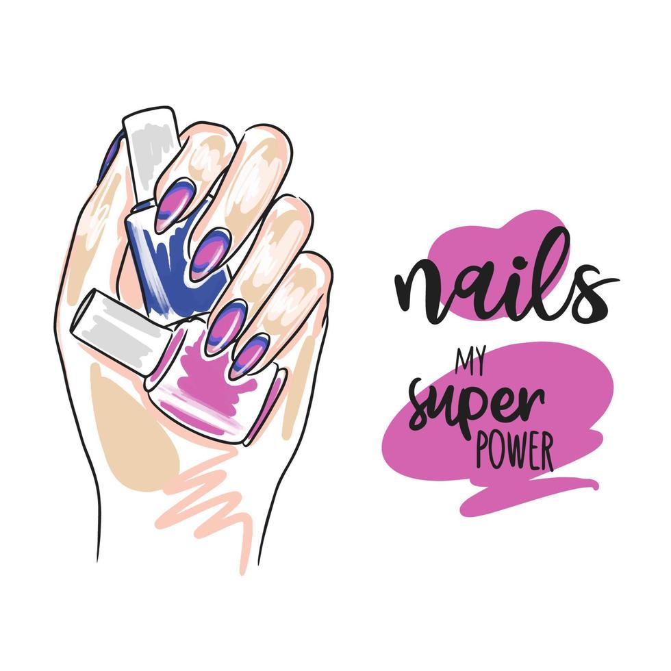 Nails my superpower, handwritten quote, hand holding nail polishes vector