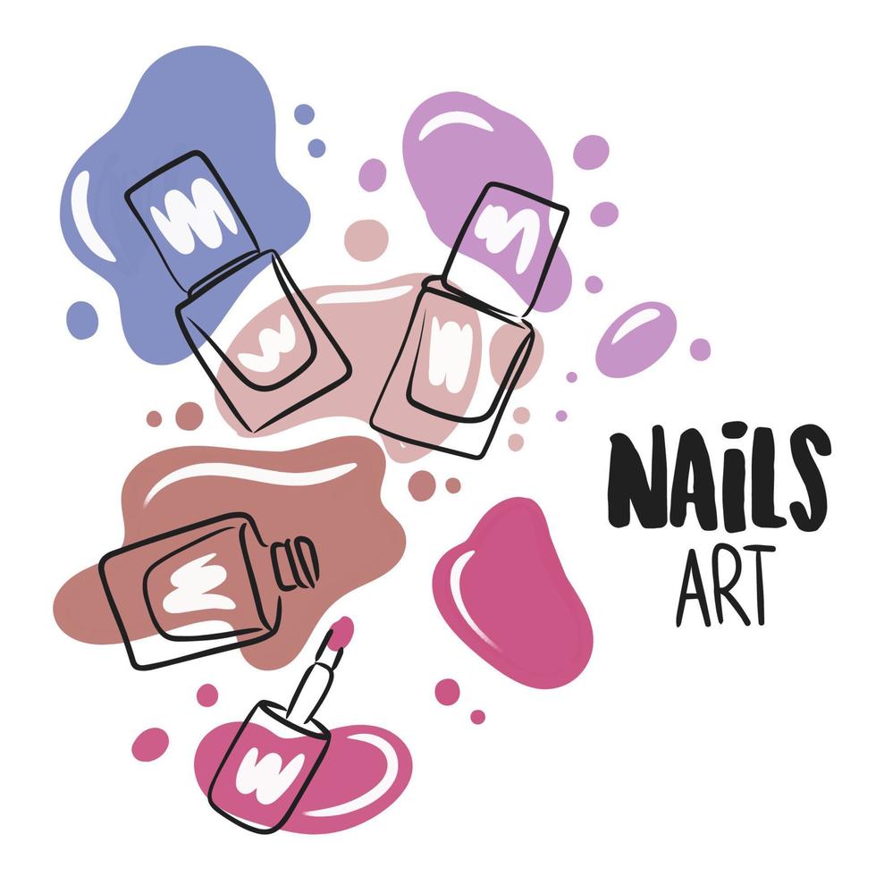Nails art, handwritten quote, nail polishes, paint stains, trendy manicure vector