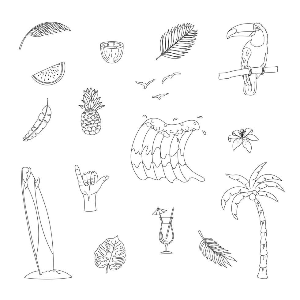 Set Of Hand Drawn Surfing Elements. Waves, Surfboard, Palm Trees, Tropical Leaves And More. vector
