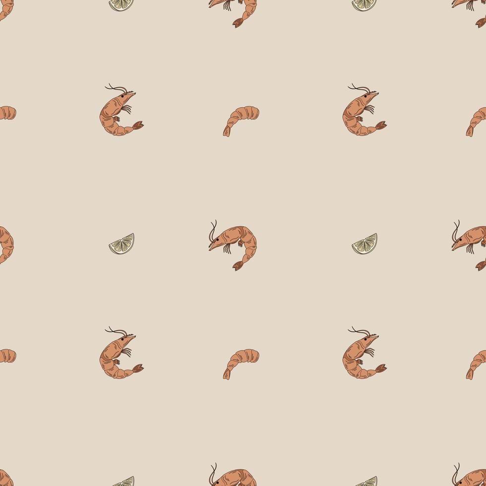 Seamless Pattern With Shrimp And Lemon Slices. Flat Hand Drawn Vector Illustration. Sea Food.