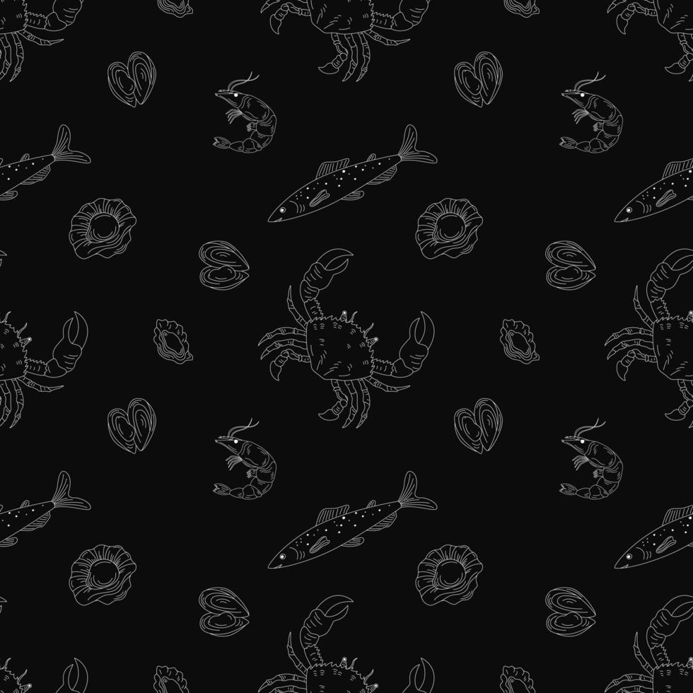 Seamless Pattern With Shrimp, Fish, Crabs And Mussels, Outline Illustration. Sea Food. vector