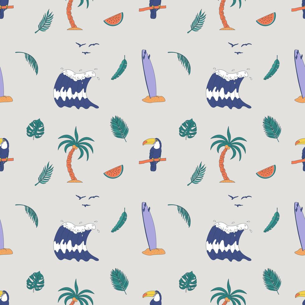 Seamless Pattern With Hand Drawn Elements With A Surf Theme. Wave, Surf, Palm Trees And More. vector