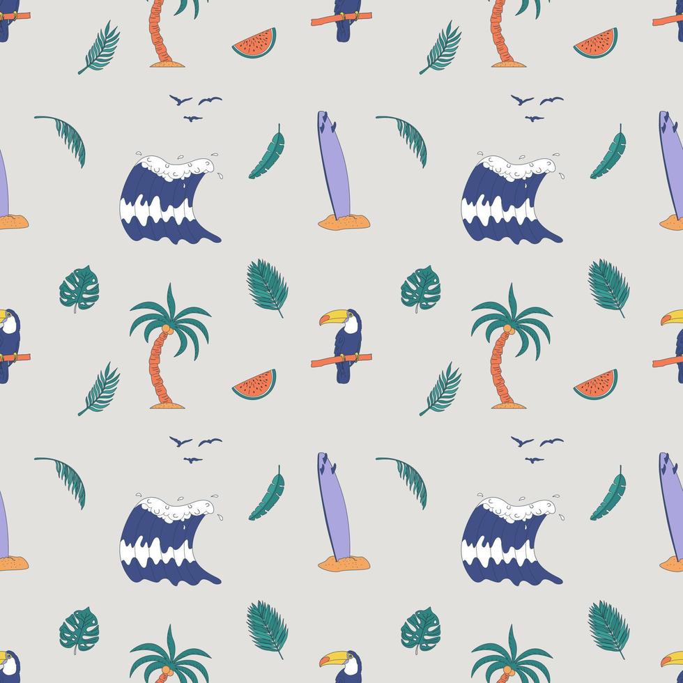 Seamless Pattern With Hand Drawn Elements With A Surf Theme. Wave, Surf, Palm Trees And More. vector