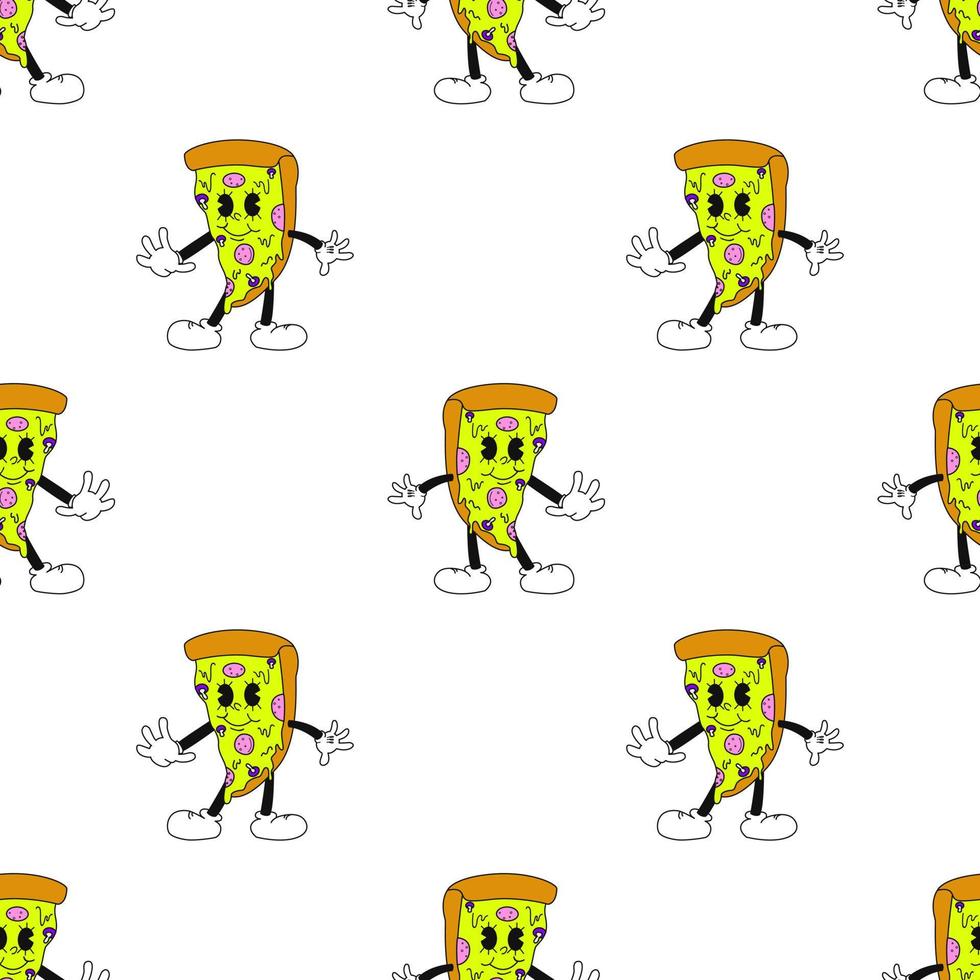 Seamless Pattern With The Mascot Pizza Character. Flat Vector Illustration.