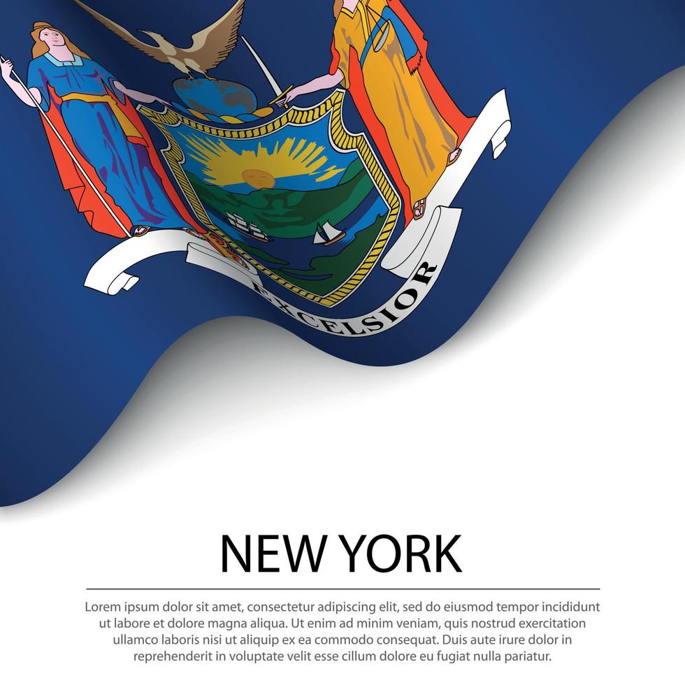 Waving flag of New York is a state of USA on white background. vector