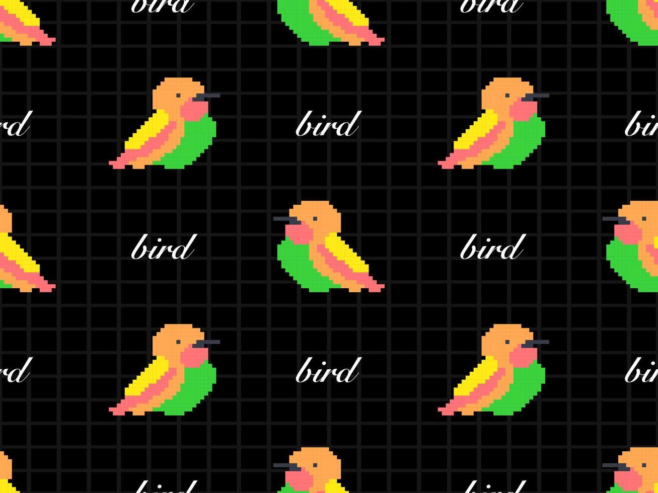 Bird cartoon character seamless pattern on black background.  Pixel style vector
