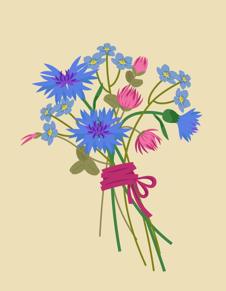 Bouquet of different wildflowers. Cornflower, red clover and myosotis in cartoon style. vector