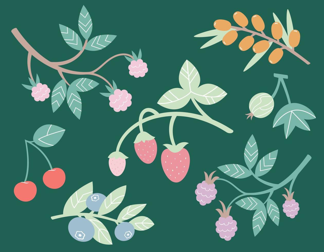 Set of different berry twigs. Natural food in flat style. vector