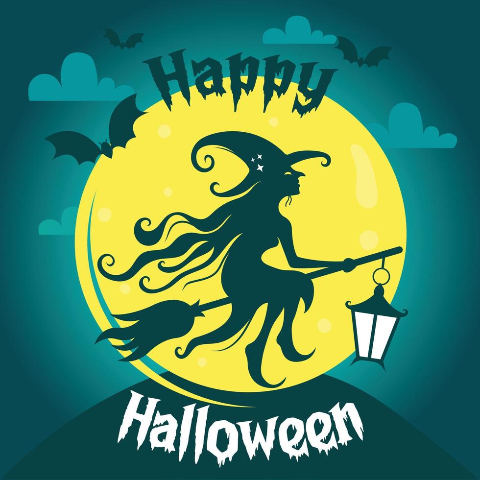 Halloween background with flying witch broom, bat, lantern, full moonlight, sky cloud vector. vector