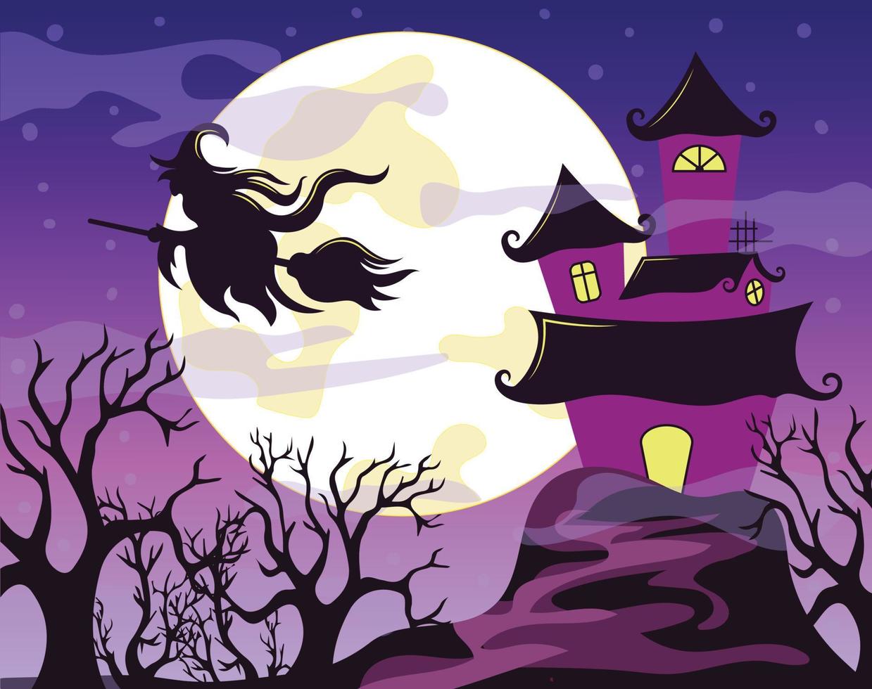 fondo de halloween con escoba de bruja voladora de castillo vector